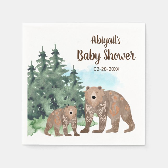 Woodland Bears Neutral Watercolor Baby Shower Napkins (Front)