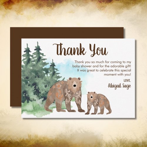 Woodland Bears Neutral Watercolor Baby Shower Thank You Card