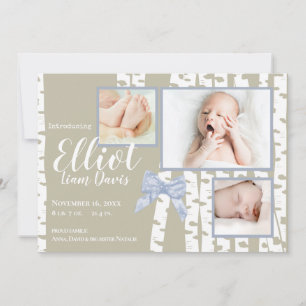 Woodland Birch and Bow Baby Birth with Photos Announcement
