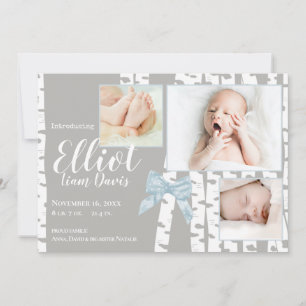Woodland Birch and Bow Baby Birth with Photos Announcement