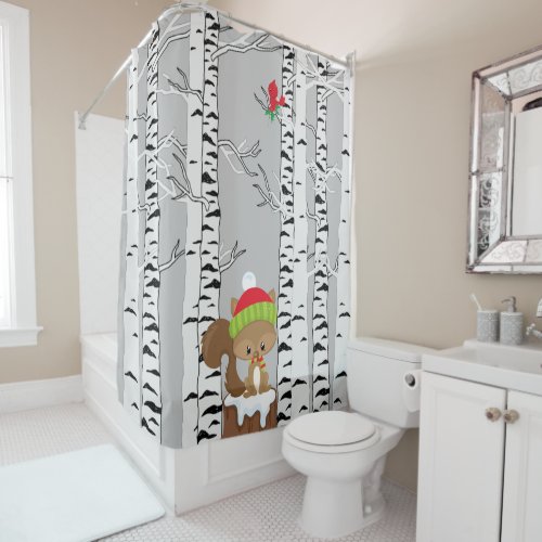 Woodland birch trees cute squirrel country shower curtain