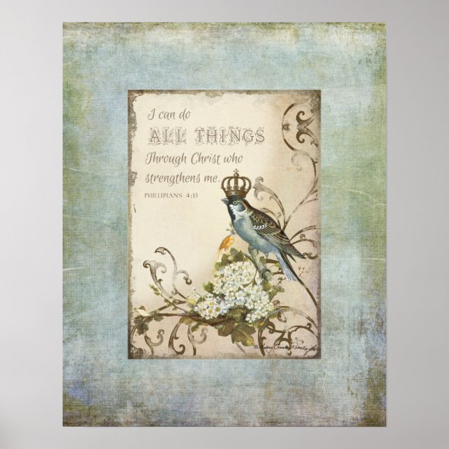Woodland Birds - Blue Bird with Crown Floral Poster (Front)