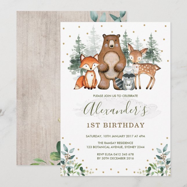 Woodland Birthday Forest Animals Greenery Gold Invitation (Front/Back)