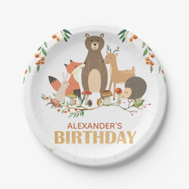 Woodland Birthday Forest Animals Paper Plates (Front)