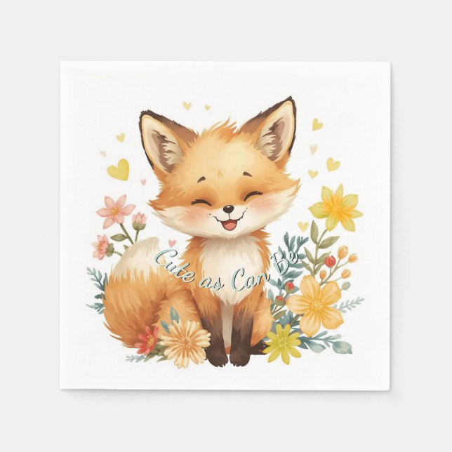 Woodland Birthday Fox Yellow Hearts Neutral Party Napkins (Front)