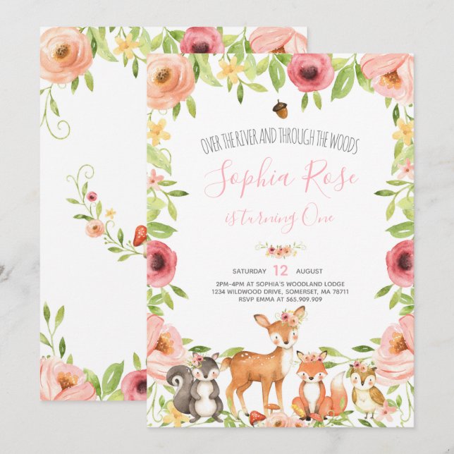 Woodland Birthday Invitation Forest Animals Party (Front/Back)