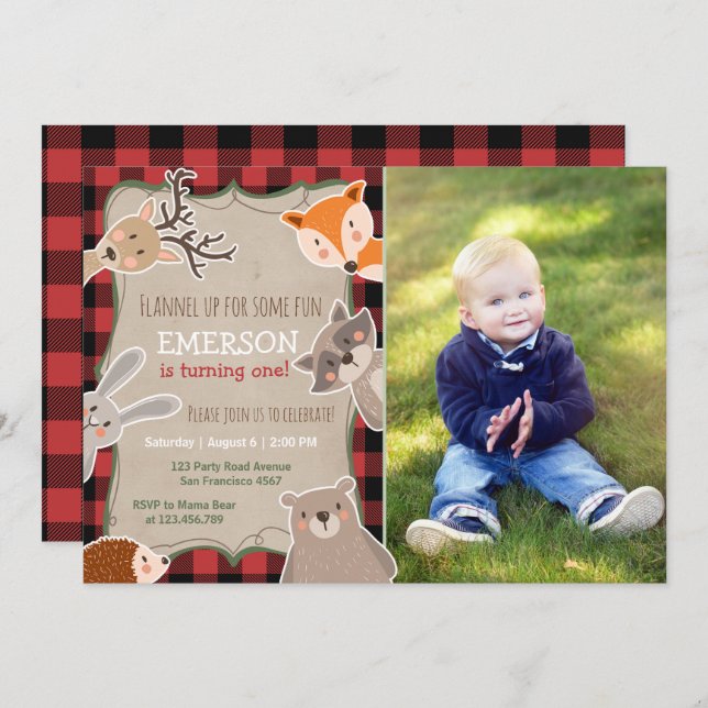 Woodland Birthday Invitation Lumberjack Fox Bear (Front/Back)