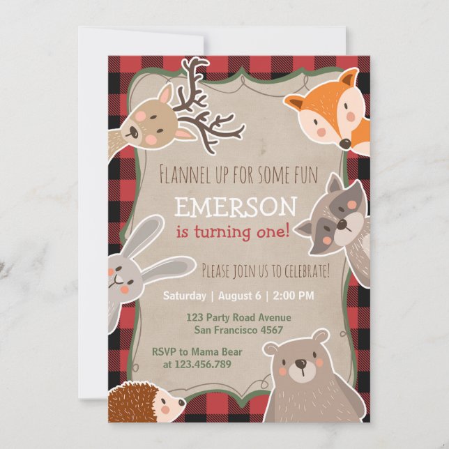 Woodland Birthday Invitation Lumberjack Fox Bear (Front)