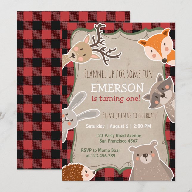 Woodland Birthday Invitation Lumberjack Fox Bear (Front/Back)