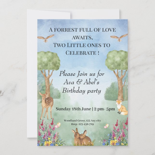 Woodland Birthday Invitation – Twin Forest (Front)