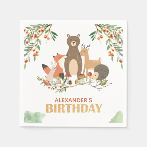 Woodland Birthday Party Animals Gold Napkins