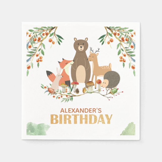Woodland Birthday Party Animals Gold Napkins (Front)