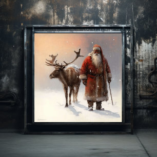 Woodland Black Santa & Reindeer in Quiet Solitude Poster