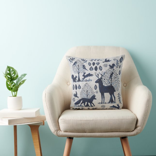 Woodland Blue and White Animal Fox Bird Silhouette Throw Pillow (Chair)