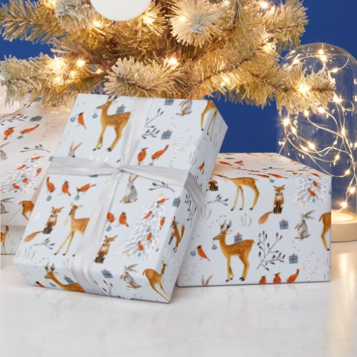 Woodland Blue animals and cardinal birds pattern Wrapping Paper