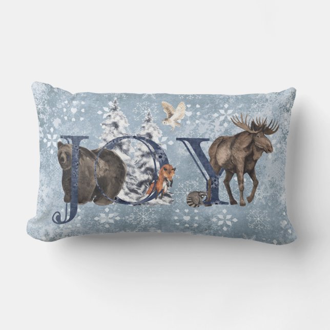 Woodland Blue Bear Moose JOY Snowflake Lumbar Pillow (Front)