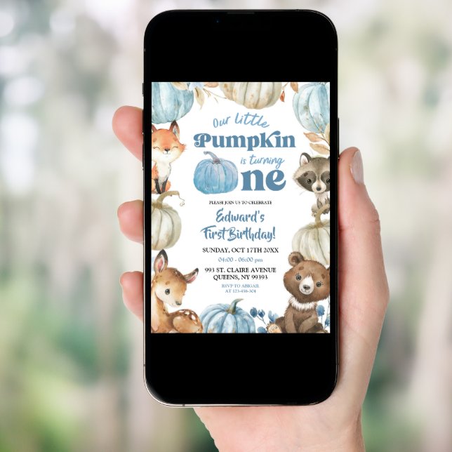 Woodland Blue Boho Pumpkin Boy 1st Birthday Invitation (Front Digital)