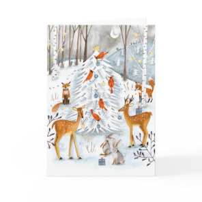 Woodland blue & white Tree and animals Forest Holiday Card