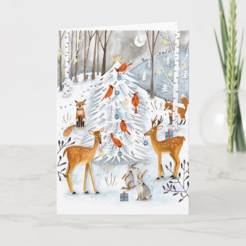 Woodland blue  white Tree and animals Forest Holiday Card