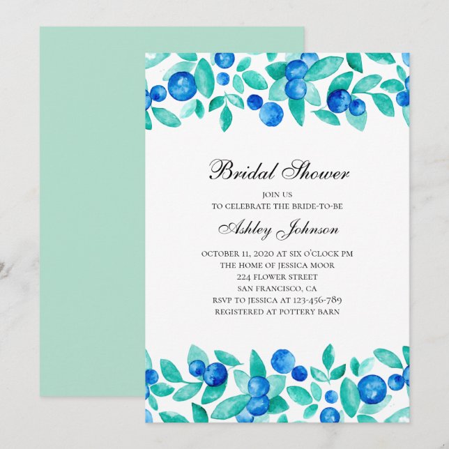 Woodland blueberries. Blue and mint bridal shower Invitation (Front/Back)