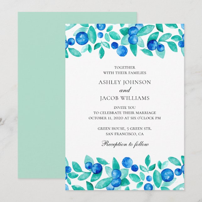 Woodland blueberries. Mint and blue garden wedding Invitation (Front/Back)