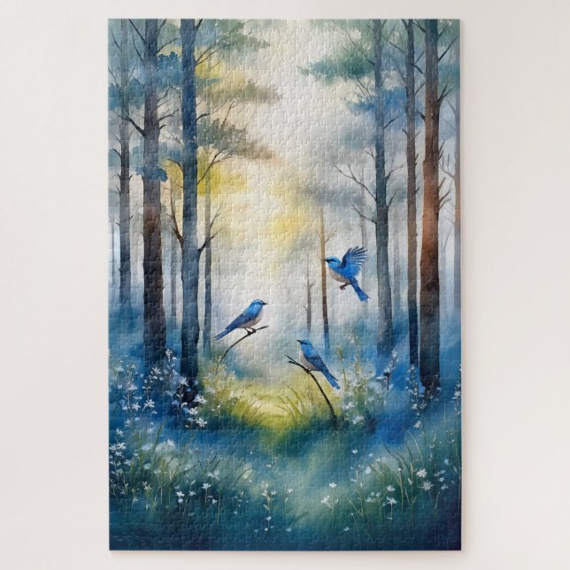 Woodland Bluebirds Scenic Forest Jigsaw Puzzle (Vertical)