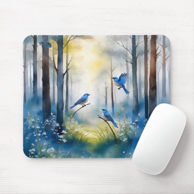 Woodland Bluebirds Scenic Forest Mouse Pad (With Mouse)