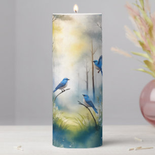 Woodland Bluebirds Scenic Forest Pillar Candle