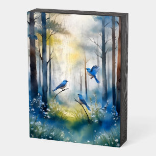 Woodland Bluebirds Scenic Forest Wooden Box Sign