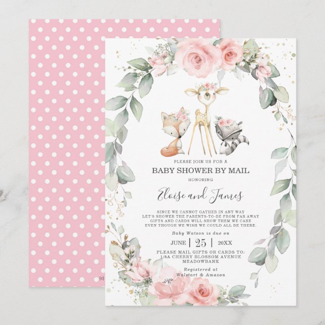 Woodland Blush Floral Greenery Baby Shower by Mail Invitation (Front/Back)