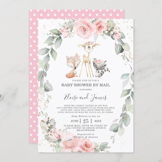 Woodland Blush Floral Greenery Baby Shower by Mail Invitation (Front/Back)