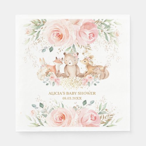 Woodland Blush Pink Floral Baby Shower Birthday  Napkins