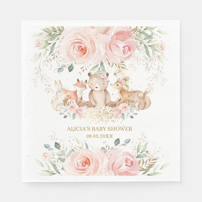 Woodland Blush Pink Floral Baby Shower Birthday  Napkins (Front)