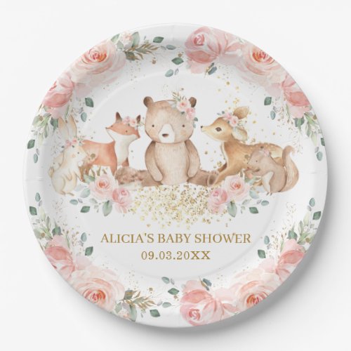 Woodland Blush Pink Floral Baby Shower Birthday Paper Plates