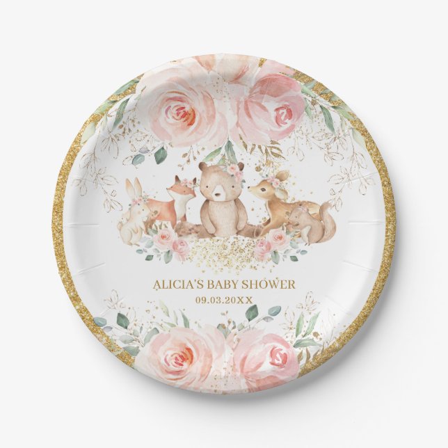 Woodland Blush Pink Floral Baby Shower Birthday Paper Plates (Front)