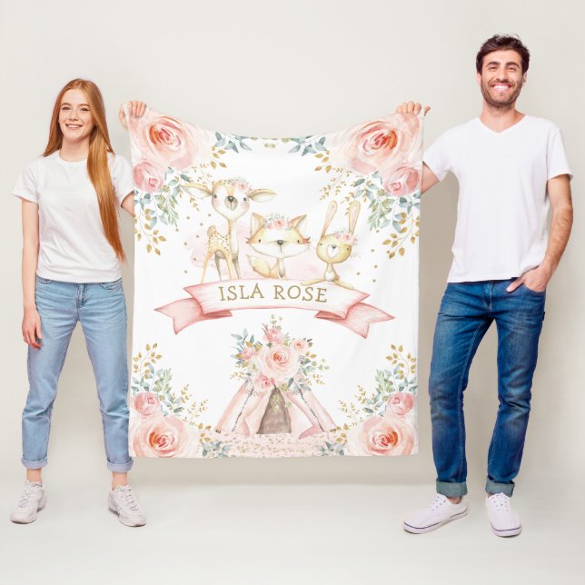 Woodland Blush Pink Floral Boho Baby Girl Nursery Fleece Blanket (In Situ)