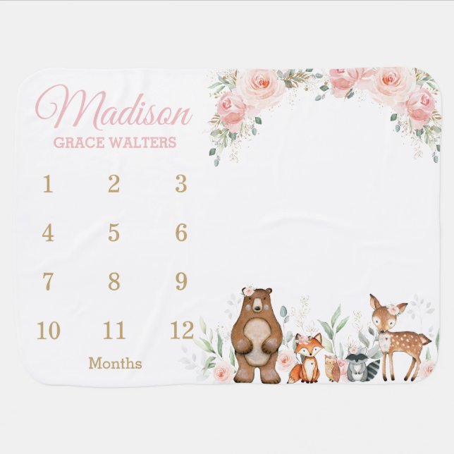 Woodland Blush Pink Floral Monthly Milestone   Baby Blanket (Horizontal)