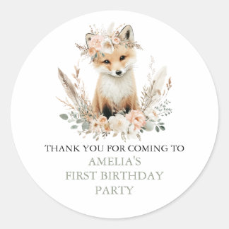 Woodland Boho Fox Girl Birthday Personalized Classic Round Sticker