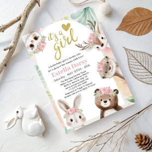 Woodland Boho Girl Baby Shower with Pink Floral Invitation