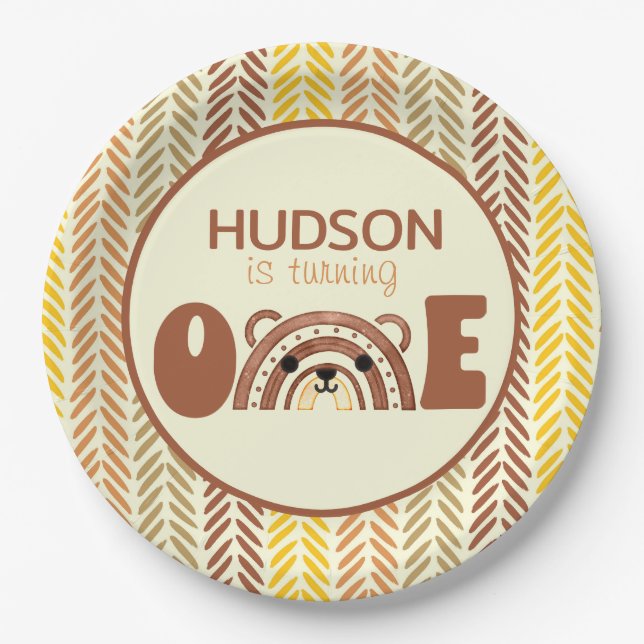 Woodland Boho Rainbow Bear First Birthday Paper Plates (Front)