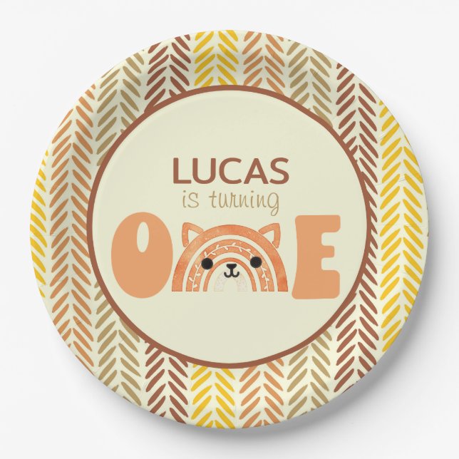 Woodland Boho Rainbow Fox First Birthday Paper Plates (Front)