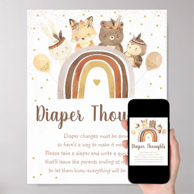 Woodland Boho Rainbow Gold Baby Diaper Thoughts Poster | Zazzle
