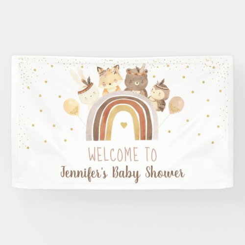 Woodland Boho Rainbow Gold Baby Shower Banner