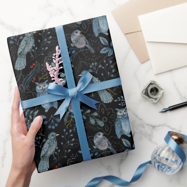 Woodland Botanical Forest Blue Bird Owl Christmas Wrapping Paper (Gifting)