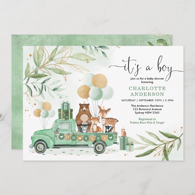 Woodland Boy Baby Shower Watercolor Greenery Gold Invitation (Front/Back)