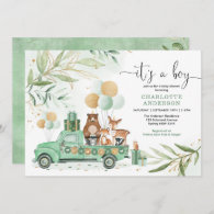 Woodland Boy Baby Shower Watercolor Greenery Gold Invitation