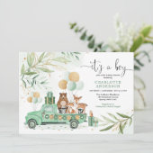 Woodland Boy Baby Shower Watercolor Greenery Gold Invitation (Standing Front)
