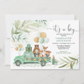 Woodland Boy Baby Shower Watercolor Greenery Gold Invitation (Front)