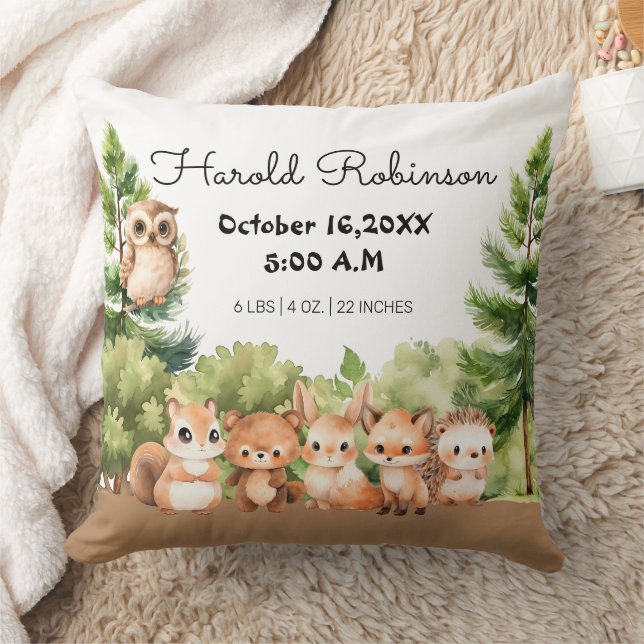 Woodland Boy Birth Stats Announcement Throw Pillow (Blanket)