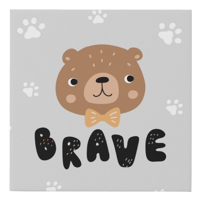 Woodland Brown Bear Brave Script Nursery Decor Faux Canvas Print (Front)
